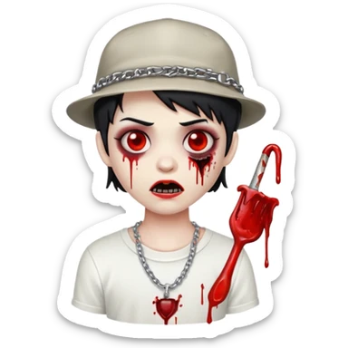 stylized zombie with black short hair, bloody eyes, white t-shirt, blood on mouth, chain, and LA hat, emoji style sticker