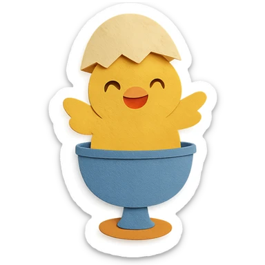 soft yellow egg cooker chick, popping out of the lid, smiling brightly, full-body sticker