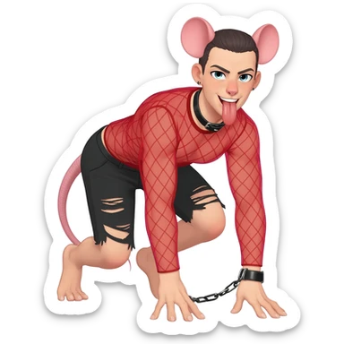 slim man with rat ears and rat tail in red transparent net top and black torn shorts is standing on the fours with his tongue out and wearing a leashed collar sticker