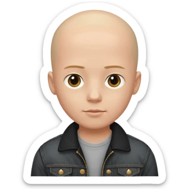  a boy with bald head, black jeans jacket, plain forehead sticker