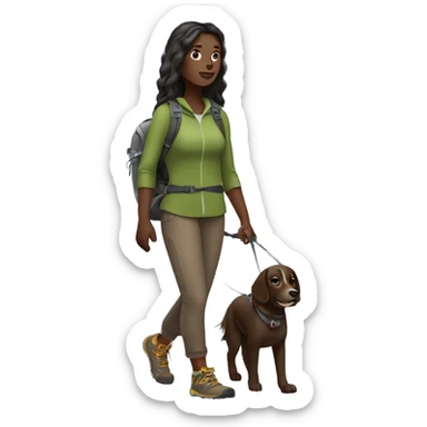Dark skin woman long hair hiking with dog facing frontward full body sticker