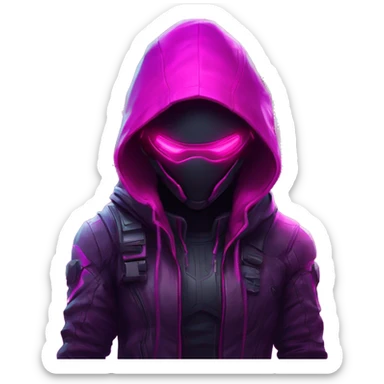 developer behind his laptop with this style : crysis Cyberpunk Valorant neon glowing bright pink girl character dark pink purple black hooded assassin themed character sticker