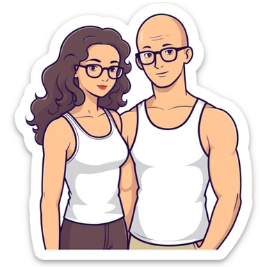 caucasian bald man with glasses and caucasian woman wearing no glasses, long curly dark hair and massive boobs and a tank top sticker