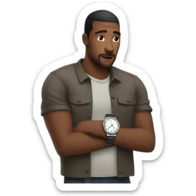 A man looking at his wrist watch waiting for someone sticker