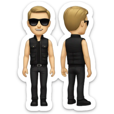 Man a 27 years , white skin , with black  sunglasses , black high neck , brawn vest , black pantaloon, brawn shoes with black watch  sticker