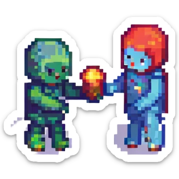two people exchanging an item shareable concept pixel art sticker