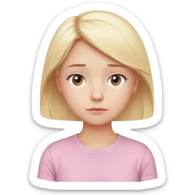 A cute emoji-style girl with light blonde hair and a soft pink t-shirt, looking thoughtfully into the distance, gentle expression, slightly furrowed brows, dreamy eyes, clean white background, simple and smooth vector-like design, pastel tones, 2D flat illustration, high clarity, emoji aesthetic sticker