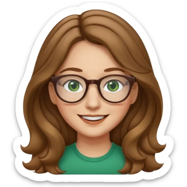 long wavy light brown hair woman with green eyes and glasses smiling closed mouth. middle part hair. medium thick eye brows sticker