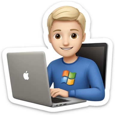 a programmer happy with a microsoft logo showing on the laptop screen sticker