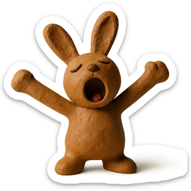 brown bunny stretching arms while yawning, claymation style sticker