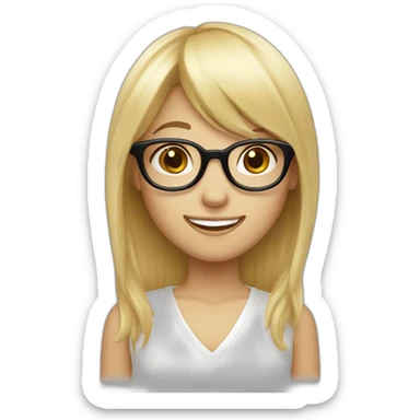 blond long haired girl with glasses and bangs, smiling and in white clothes sticker