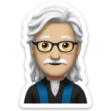 a man with white skin, he has black, long and very straight hair, a black mustache and glasses, ravenclaw sticker