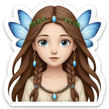 Boho chic fairy with long brown hair and wearing white and earthy tone clothing with blue eyes  sticker