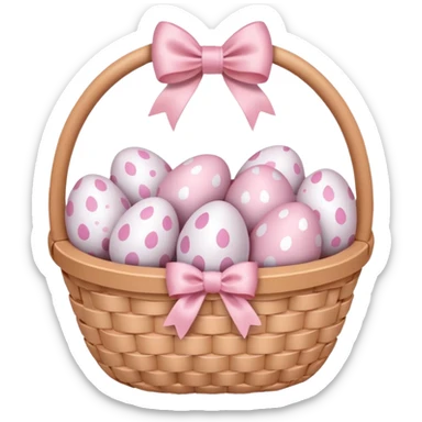 white basket full of light pink easter eggs with a light pink bow sticker