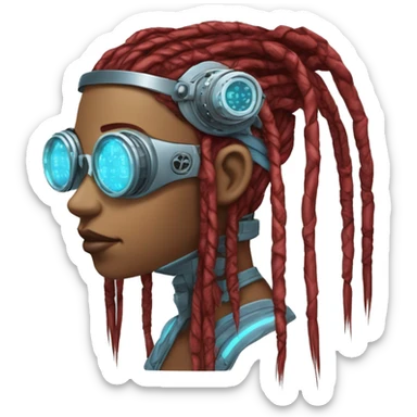 Light blue long dreadlocks female cyborg head with red steampunk goggles and circuits sticker