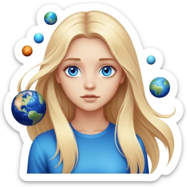 A cinematic realistic blonde with long hair and blue eyes stands and watches the planets rotate sticker