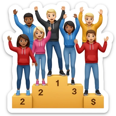 winners’ podium with multi-racial people, middle step higher, no numbers, fun, casual clothes like jeans and hoodies, very excited, fun, expressive emoji style sticker