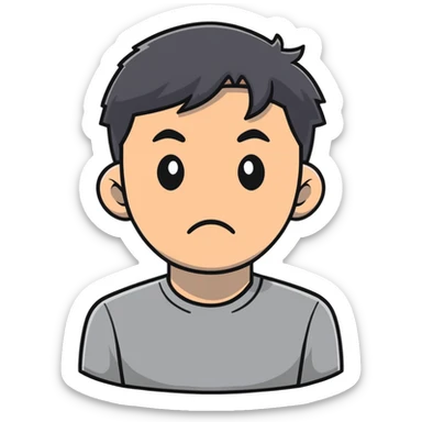 Asian man in a gray shirt with a frown sticker