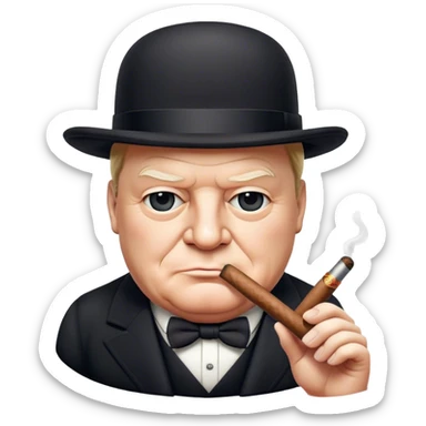 Cinematic Realistic Winston Churchill Portrait Emoji, depicted as a resolute British statesman with a signature bowler hat and a cigar, exuding determined leadership and wartime valor, rendered with lifelike textures and dramatic vintage lighting that captures his iconic British spirit. sticker