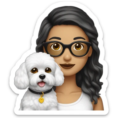 mujer con gafas pelo negro largo y perro bichon blanco sticker