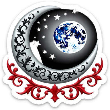 Gothic edgy Victorian black and white and red and silvery starry damask moon sticker