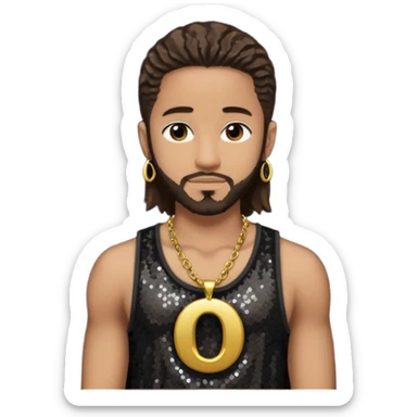 Omarion with long dark brown hair, dark brown sequin tank top, necklace with letter o sticker