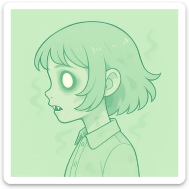 Make the pastel horror profile picture scarier and use a light green pastel color palette, keep it cute, expressive, and minimal, in the style of imagen-4-fast-KaUtLiSA10F style. sticker
