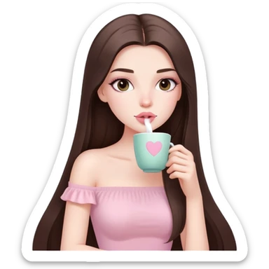 sexy pale girl, very full lips, long straight brunette hair, long lashes, pastel pink tube top, sipping tea  sticker