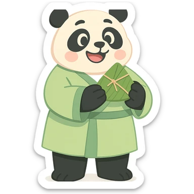 a panda wearing light green Hanfu, holding zongzi with both hands, standing and smiling, full body standing posture, Chinese style, soft color tones sticker