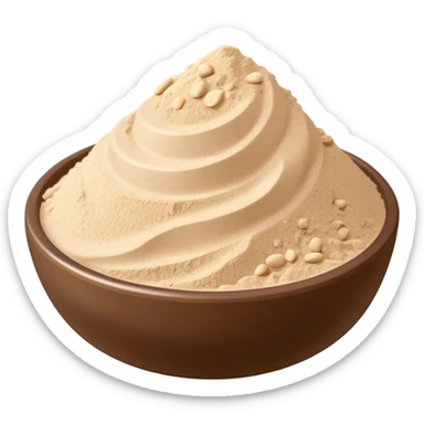 small heap of finely milled beige or light tan protein powder with smooth fluffy texture and slightly uneven surface, optional scoop partly buried, no shaker jar or branding, soft lighting, subtle shadows, emoji scale sticker