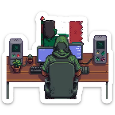 pixel art of a Palestinian person in front of a gaming setup, with a small Palestinian flag visible sticker