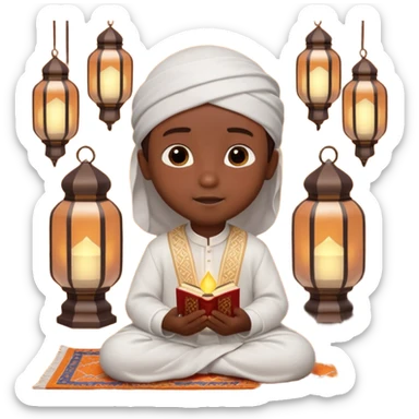 Personnage 3D mignon en style Pixar, un petit garçon portant un qamis blanc et un kufi, tenant un tapis de prière, entouré de lanternes brillantes, fond doux, couleurs chaudes, garçon teint noir sticker