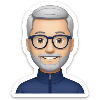 Smiling man with light skin, short black hair, gray beard, black glasses, wearing a navy blue athletic zip-neck long sleeve shirt sticker