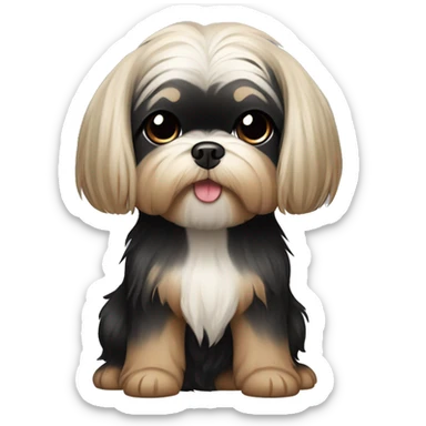 long black hair korean girl with her beige and black shih tzu yorkie. The dog has a round face, short ears and has light distinct eyebrows  sticker