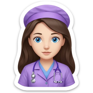 pretty brunette nurse with long hair and blue eyes in lilac scrubs sticker