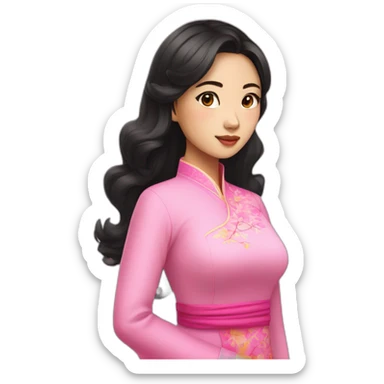 attractive asian girl with wavy black hair posing with pink ao dai full body sticker