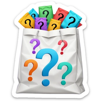 white goodiebag with questions mark boxes stuffed in it sticker