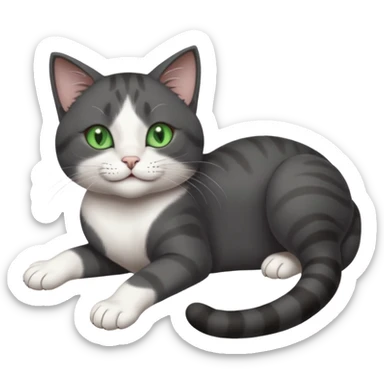 beautiful female solid dark grey cat with green eyes, white toes/paws and white patch on her chest playfully rolling upside down sticker