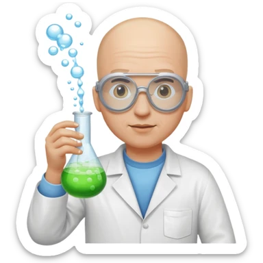 chemist emoji, bald person with safety goggles, holding a beaker with bubbling liquid sticker