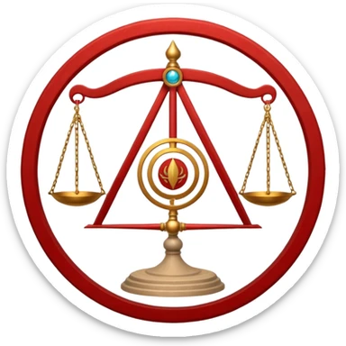 A circular casting sigil inspired by the Wizard101 Balance School, featuring ancient alchemical and arcane motifs. The base color is sand, with red trim accents. At the center is a golden balance scale as the primary focal symbol. sticker