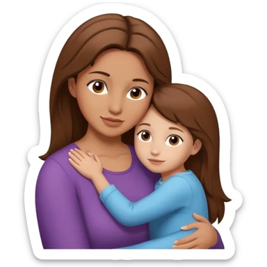 Crea a una mamá abrazando a una niña pequeña (su hija) la madre morena y la hija blanca y de cabello castaño sticker