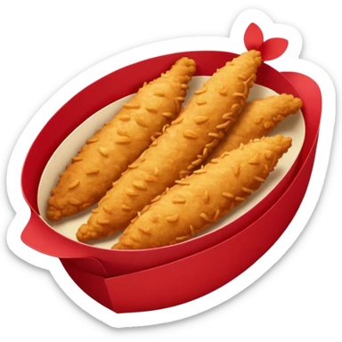 5 breaded chicken tenders of varying sizes and shapes in a red paper food boat sticker