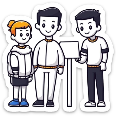 sticker style group logo with cartoon people with bold outlines sticker