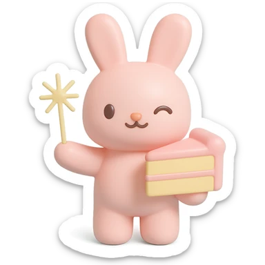 bunny holding cake slice and sparkler, winking, vinyl figure style sticker