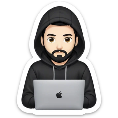 hackeur blanc cheveux noir barbe et capuche noir avec un macbook sticker