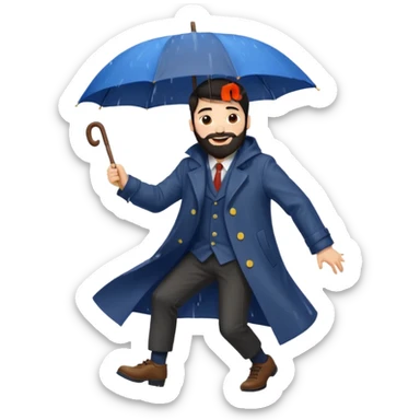 A dark-haired boy with a white beard dancing with an umbrella in the rain sticker