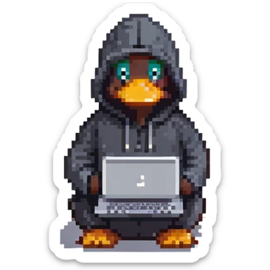 black rubber duck with tiny hoodie and a laptop, hacker sticker