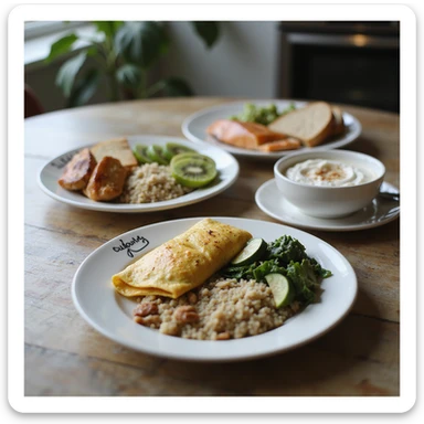 hyperrealistic 4K table with separate plates for 2000 calorie diet: breakfast with omelette, whole grain bread, kiwi; lunch with chicken, quinoa, zucchini; dinner with salmon, basmati rice, spinach; snacks with yogurt, nuts, apple. Plates labeled with calories, modern kitchen atmosphere sticker