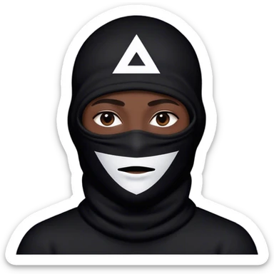 Guy with black baclava like face cover with an upside down white triangle face pattern sticker
