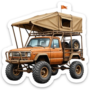 Off road Race truck whose frame and detailed suspension is made of shopping cart material with padded roll cage, roof rack, winch, and antique style handmade bodywork (survivalist style) sticker